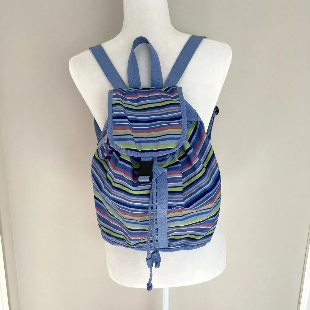 LeSportSac Blue Pink Striped Voyager Drawstring Nylon Small Backpack Bag